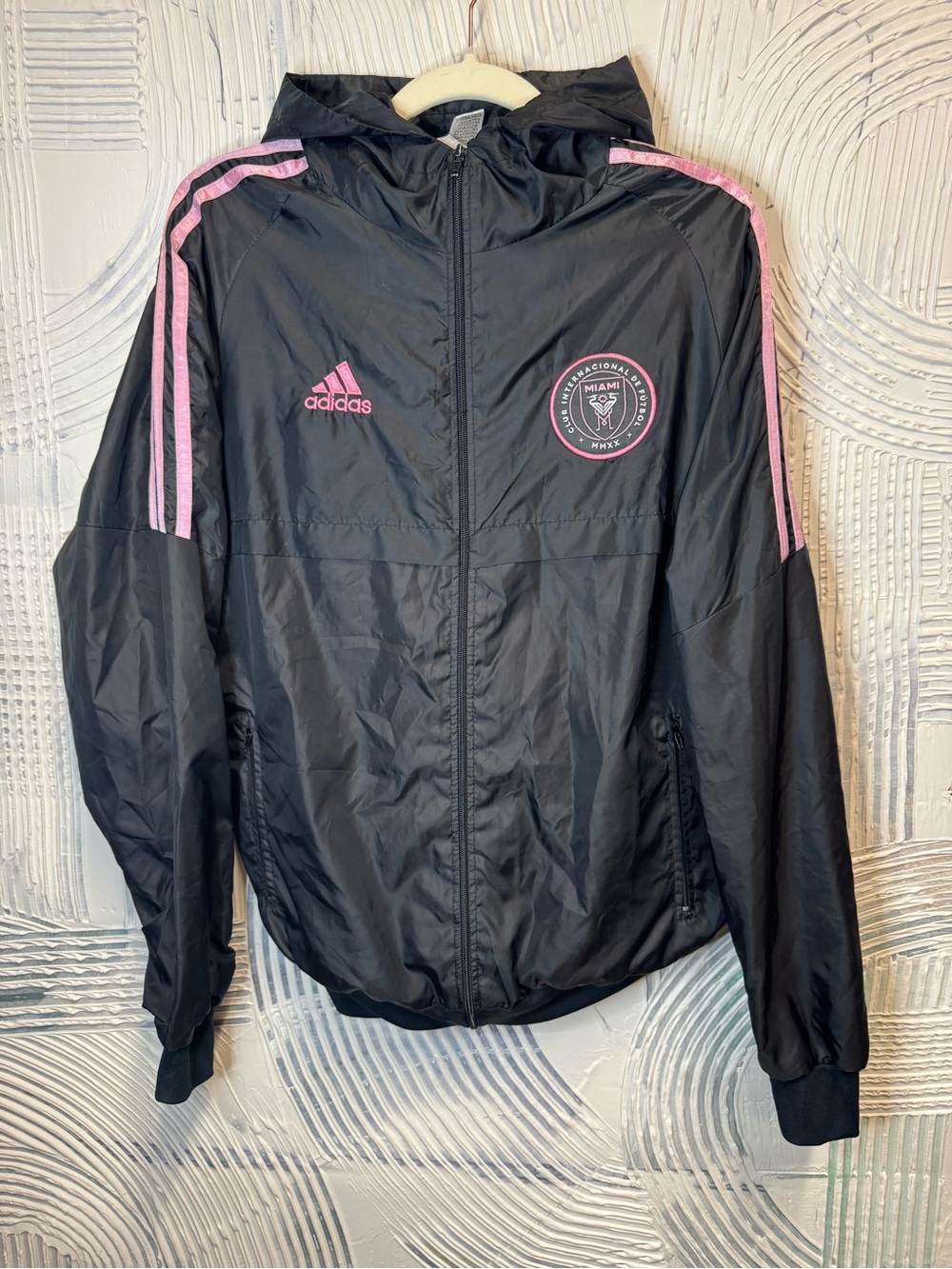 Adidas Inter Miami CF Black Pink Full Zip Hooded Windbreaker Jacket Size S